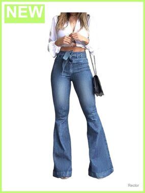 High Waisted Bell Bottom Jeans Wide Leg Flared Denim Pants with Belt
